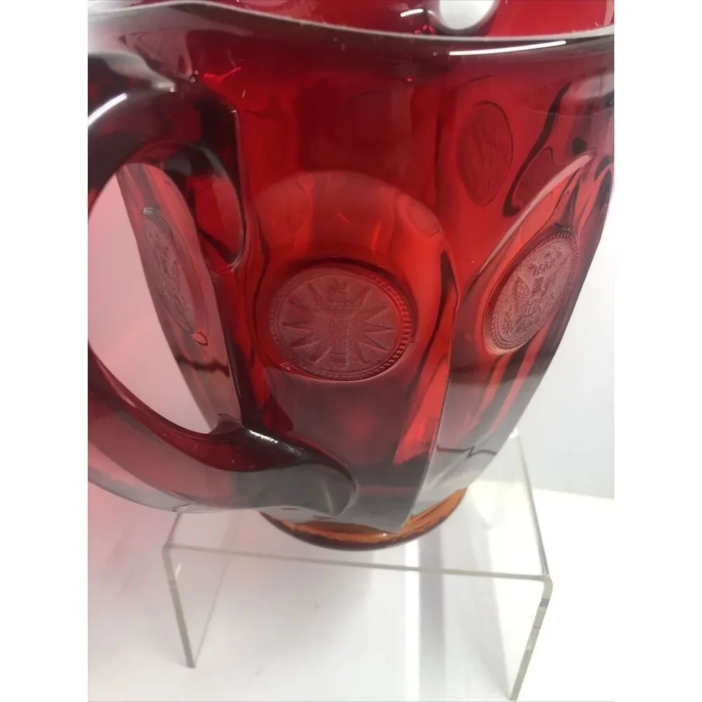 Fostoria Ruby Red Coin Dot Ice Lip Glass Pitcher Vintage Red 6” High 6” Width